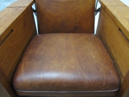 ART DECO 'FOOT SONS' OAK AND TAN LEATHER RECLINING ARMCHAIR - ADDITIONAL PHOTO 7