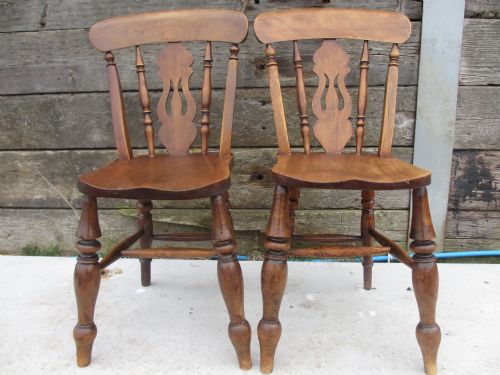 Pair of Victorian Elm Pierced Slat & Turned Spindle Back Kitchen Chairs