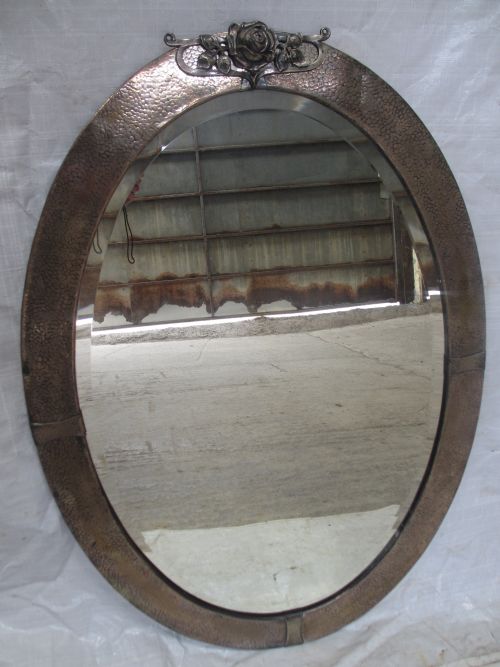 Arts and Crafts Pewter Oval Framed Bevel Edge Wall Mirror