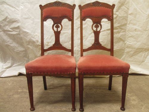 Superb Pair of Carved Oak Splat High Back Art Nouveau Dining Side Chairs