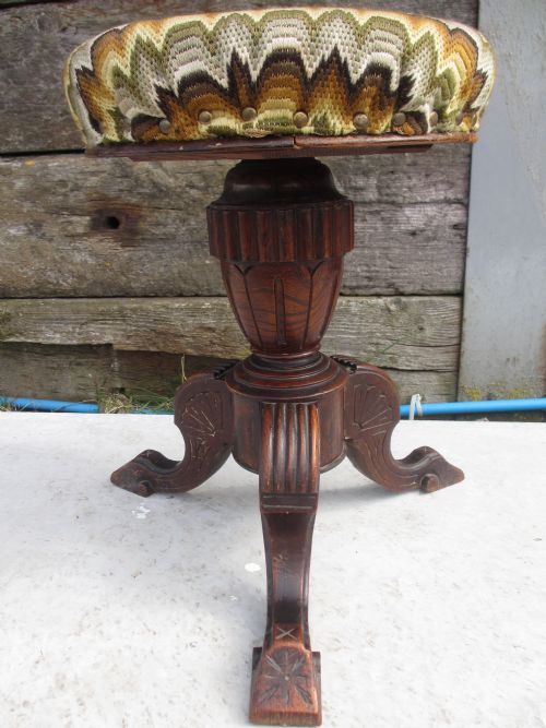 Victorian Carved Oak Adjustable Screw Top Upholstered Piano Stool