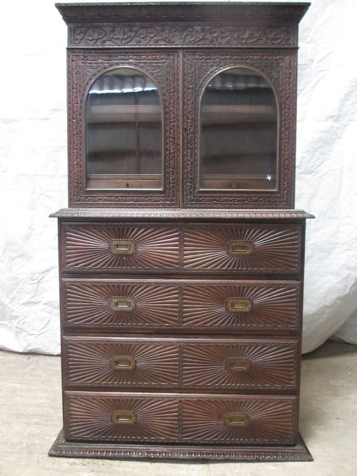 Superb 19th Century Colonial Anglo-indian Carved Rosewood 3 Part Secretaire Bookcase