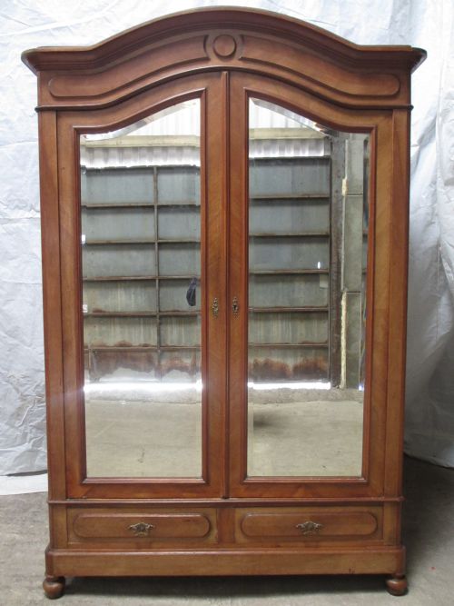 19th Century Walnut & Oak Backed French Mirror 2 Door Armoire Wardrobe