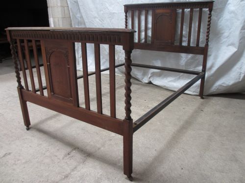Edwardian Solid Oak Barley Twist Slat and Carved Panel Double Bed