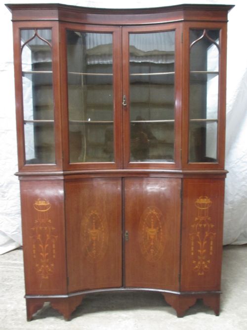 Superb Edwardian Inlaid Mahogany Inverted Breakfront Two Part Display Cabinet