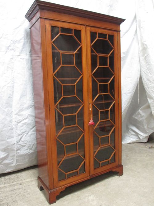 Edwardian Boxwood Strung Mahogany Glazed Tall Bookcase