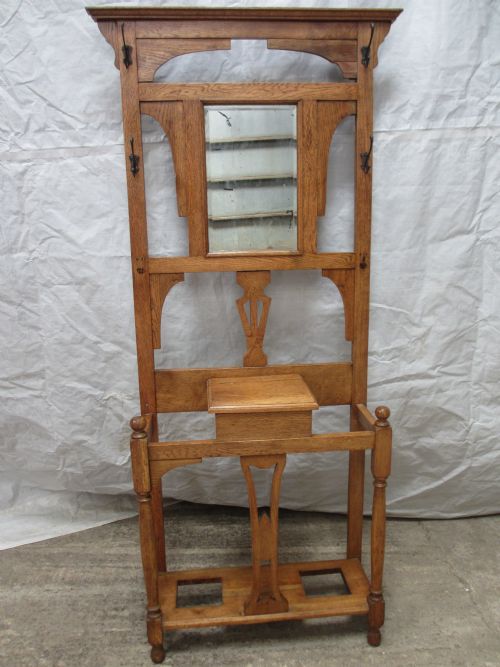 Light Oak Victorian / Edwardian Bevel Mirror Hall Stand