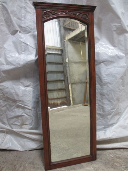 Victorian Carved Walnut Frame Bevel Edge Wall Hanging Tall Dressing Mirror