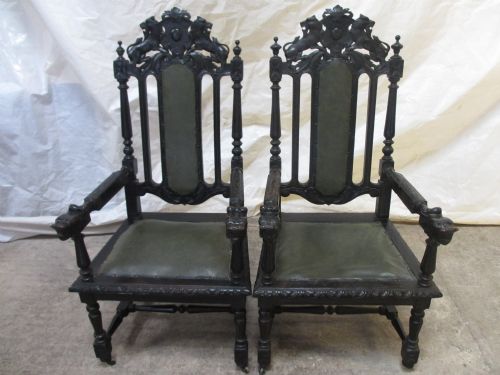 Superb Pair of Carved Oak 19th Century Throne Carver Armchairs