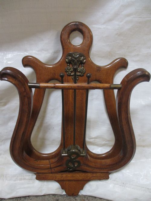 Unusual Victorian Oak and Brass Lyre Wall Hanging Folding Letter / Newspaper Rack
