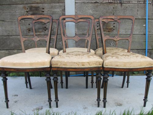 Superb Quality Set of 6 Victorian Ebonised & Amboyna Inlaid Dining Chairs
