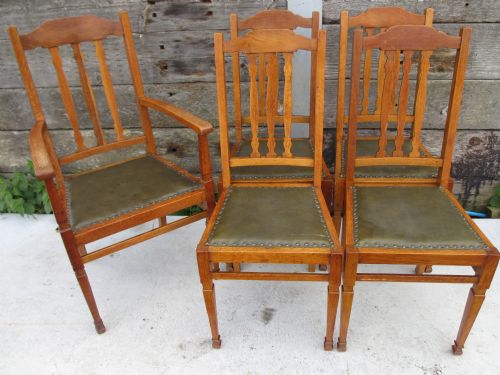 Set of 5 Golden Oak 4+1 Arts & Crafts Slat Back Dining Chairs