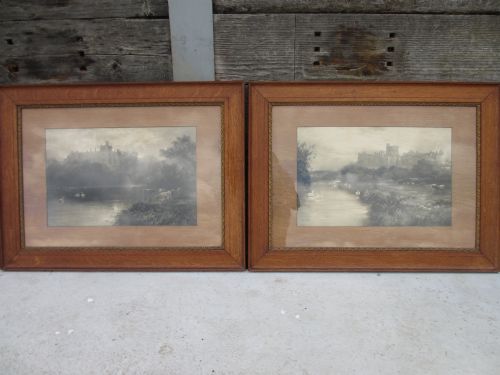 Pair of Lovely Golden Oak & Gilt Picture Frames with Prints of Castles