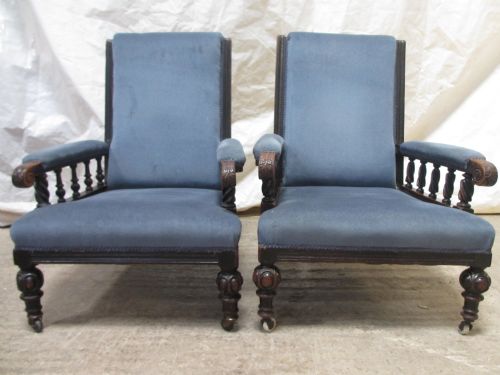 Pair of Victorian Ebonised Carved Oak Upholstered Armchairs