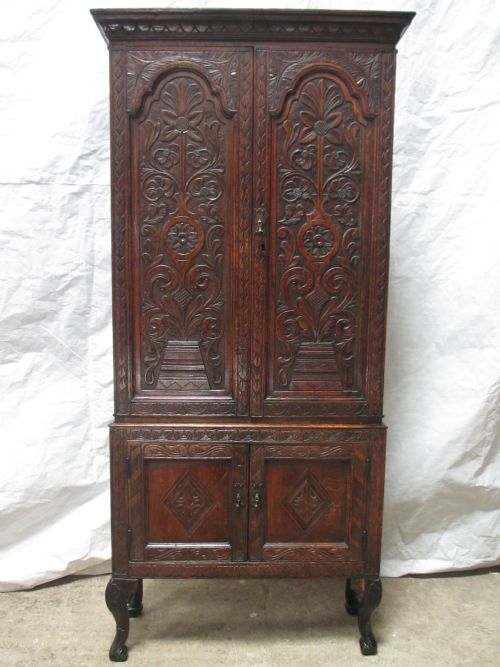 Superb 18th Century 2 Part Carved Oak Tall Cabinet Cupboard Bookcase