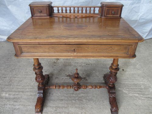 Small 19th Century Scroll Leaf Carved and Inlaid French Walnut Writing Table Desk