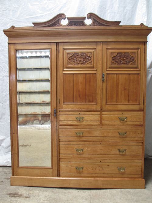 Lovely Victorian Ash Compactum Wardrobe with Bevel Dressing Mirror Door