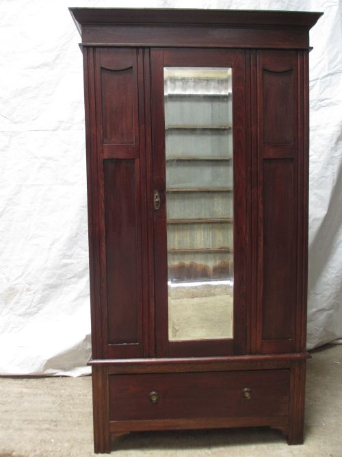 Victorian / Edwardian Oak Single Mirror Door Wardrobe with Drawer