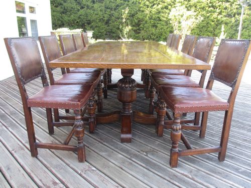 Superb Solid Oak Dining Set 9ft Refectory Table and 10 Leather Studded Chairs