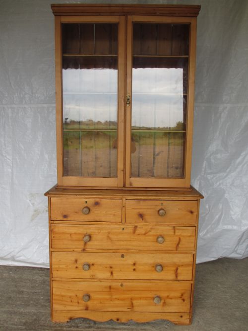 Victorian Pine 2 Part Glazed Bookcase Display Cabinet Chest of Drawers