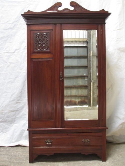Victorian / Edwardian Carved Walnut Bevel Mirror Door Wardrobe with Drawer Under