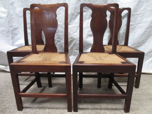 Set of 4 Sturdy 19th Century Mahogany Vase Splat Back Rush Seat Dining Chairs