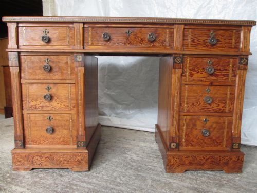 Superb Unusual Victorian Gothic Pitch Pine Inlaid Pedestal Desk
