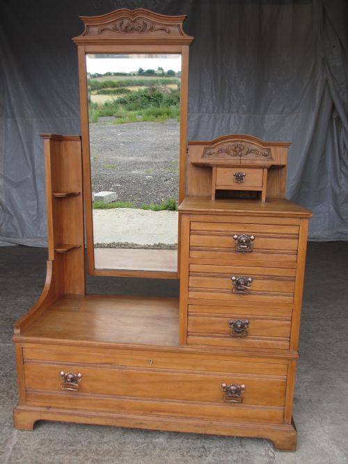 Victorian / Edwardian Satin Wood Art Nouveau Cheval Mirror Dressing Table Chest