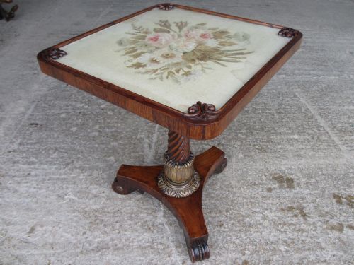 William IV Mahogany Rosewood Needlepoint Square Top Occasional Table