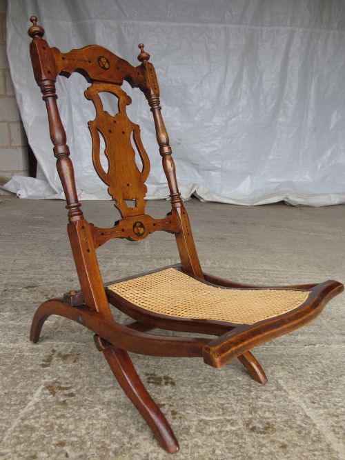 Victorian Low Fold Up Mahogany and Lnlaid Splat Back Steamer Chair