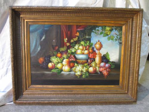 Large Still Life Oil on Canvas of Fruit on Table in Superb Victorian Gesso Frame
