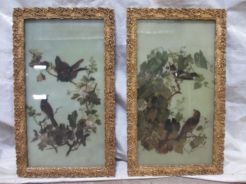 Pair of Victorian Reverse Oil on Glass Paintings Birds in Blossom - Gilt