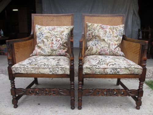 Pair of Victorian Oak and Beech Bergere Caned Upholstered Armchairs with Turned Block Supports with Carved Stretcher