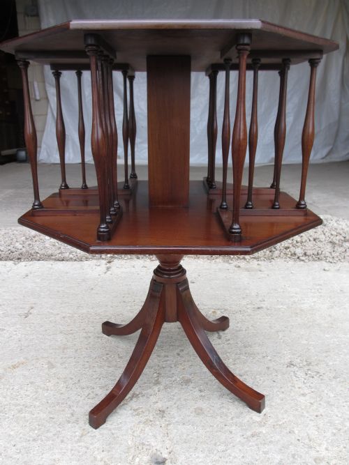 Victorian Mahogany Octagonal Triple Top Revolving Bookcase with Spindle Sections Under, Turned Column on Four Splayed Legs