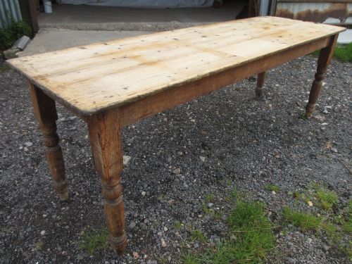 Victorian Long Narrow Plank Top Pine Kitchen Refectory Dining Table on Turned Legs