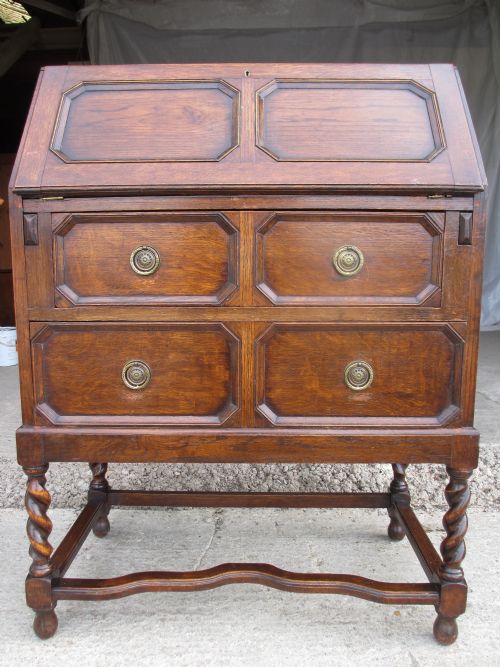 Solid Oak Edwardian Writing Bureau Desk with Barley Twist Supports, Two Deep Brass Handled Drawers with Fall Down Front Revealing Stationary Fitted Interior