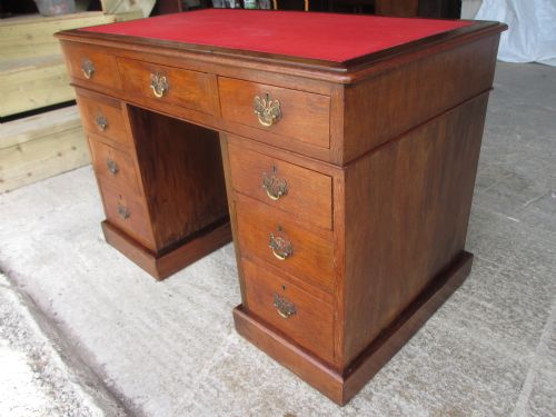 Small Victorian Mahogany 3 Part Twin Pedestal Desk with Red Leather and Brass Handles
