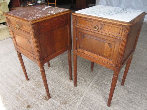 Pair of 19th Century Carved Oak Marble Top Bedside Cabinets / Pot Cupboards with Drawer and Cupboard Below with Brass Handles