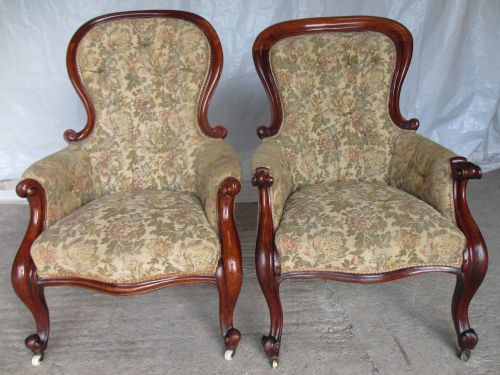 Matched Pair of Victorian Mahogany Showood Button Upholstered Armchairs with Scroll Spoon Backs, Scroll Carved Forelegs Set on Castors