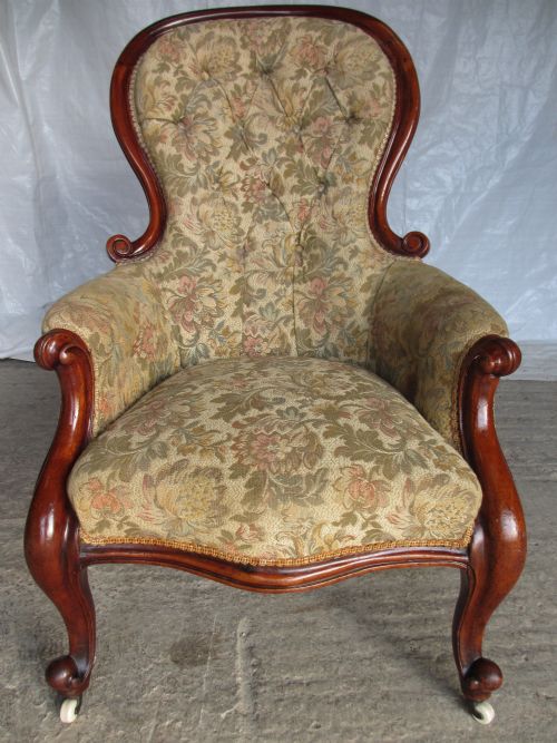 Victorian Mahogany Showood Button Upholstered Fireside Armchair, Scroll Spoon Back and Legs Set on Castors