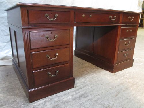 Edwardian Mahogany 3 Part, 5ft Twin Pedestal Desk with Tooled Leather, Panelled Sides, Brass Handles and Fluted Edges on Plinth Base