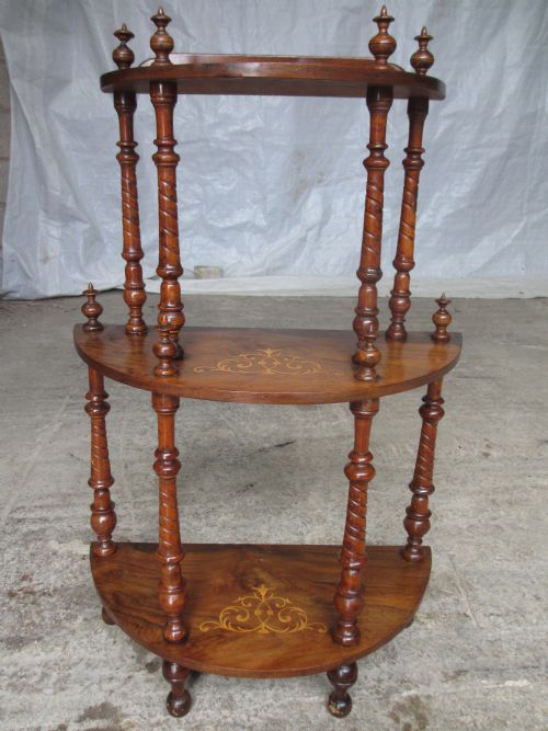 Victorian Inlaid Walnut Demi-lune 3 Tier Whatnot with Turned Spiral Support Columns and Turned Finials