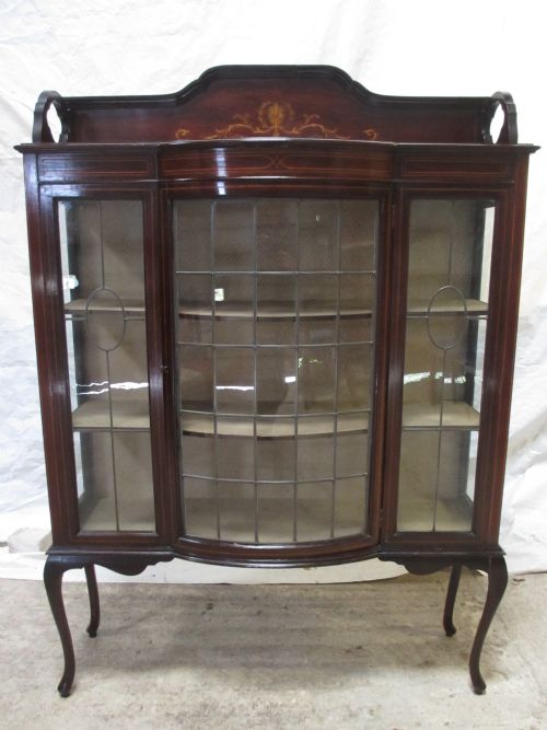 Superb Edwardian Inlaid Mahogany Bow Fronted Door Lead Glazed Display Cabinet