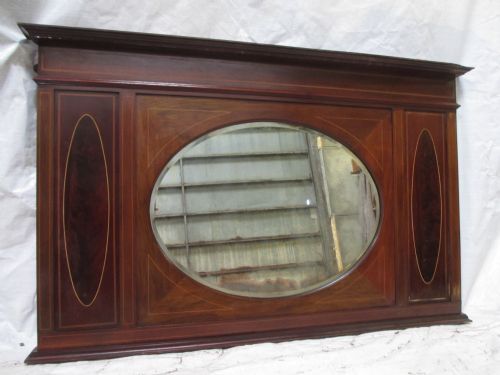 Edwardian Inlaid Mahogany Framed Oval Bevel Edged Overmantle Mirror