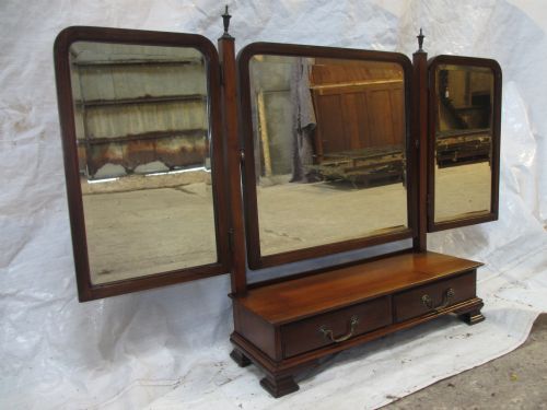19th Century Mahogany Triptych Folding Bevel Glass Dressing Table Mirror with Two Brass 
Swan Neck Handled Drawers Under Brass Finials and Bracket Feet