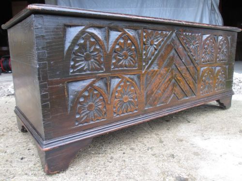 Carved Oak Plank Panel Coffer Chest on Bracket Feet (Circa 1900)