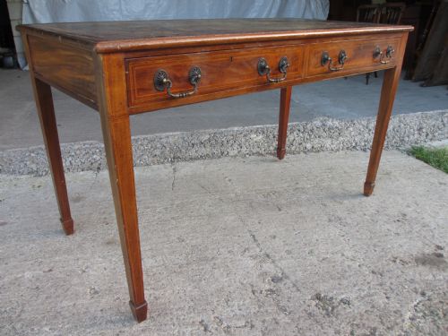19c Mahogany Writing Library Desk with Inlaid Leather Top and Lined Interior. Gallery Top. On Castors