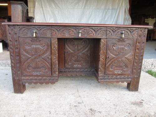 Victorian Heavily Carved Oak Kneehole Desk, 2 Cupboards 3 Drawers