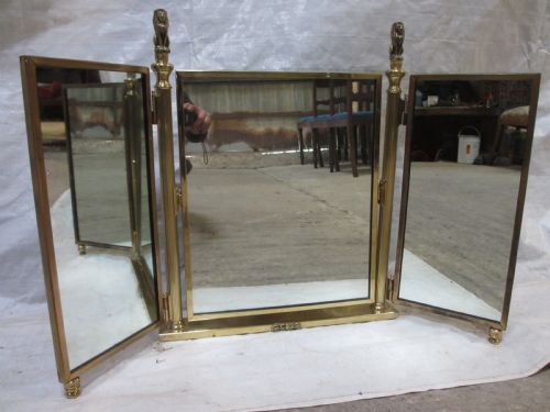 Edwardian Brass Triptych Folding Swing Dressing Table Mirror with Lion Finials