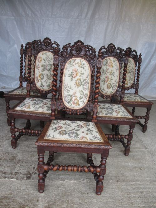Set of 6 Victorian Carved Oak Dining Chairs, Barley Twist Supports and Stretchers, Upholstered Seats Backs